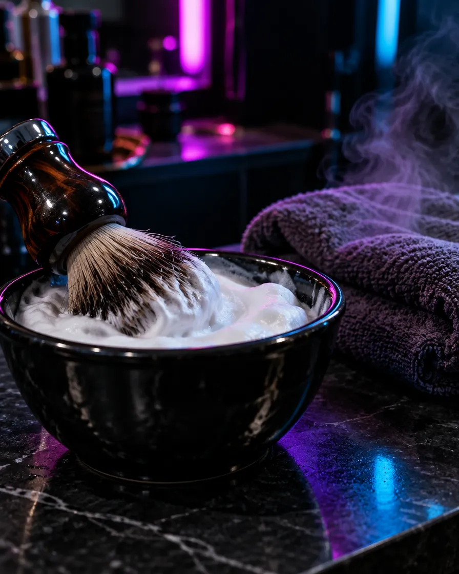 Pennello da barba nella ciotola con la schiuma e un asciugamano caldo